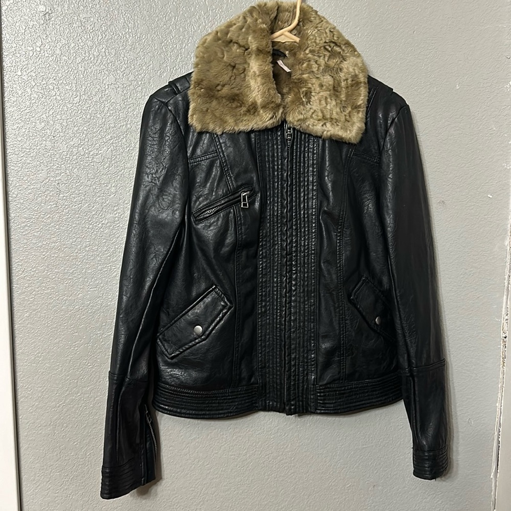 Free people vegan leather aviator jacket w brown fur